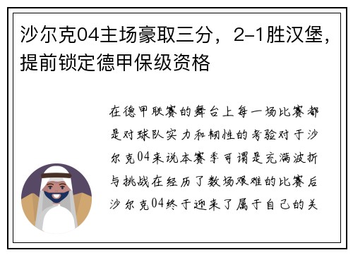 沙尔克04主场豪取三分，2-1胜汉堡，提前锁定德甲保级资格