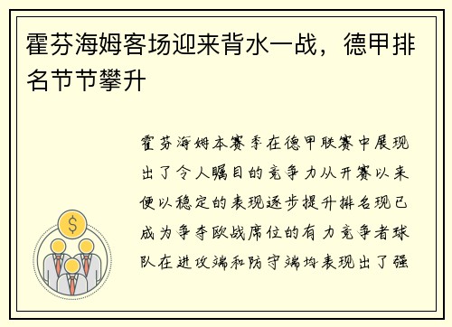 霍芬海姆客场迎来背水一战，德甲排名节节攀升